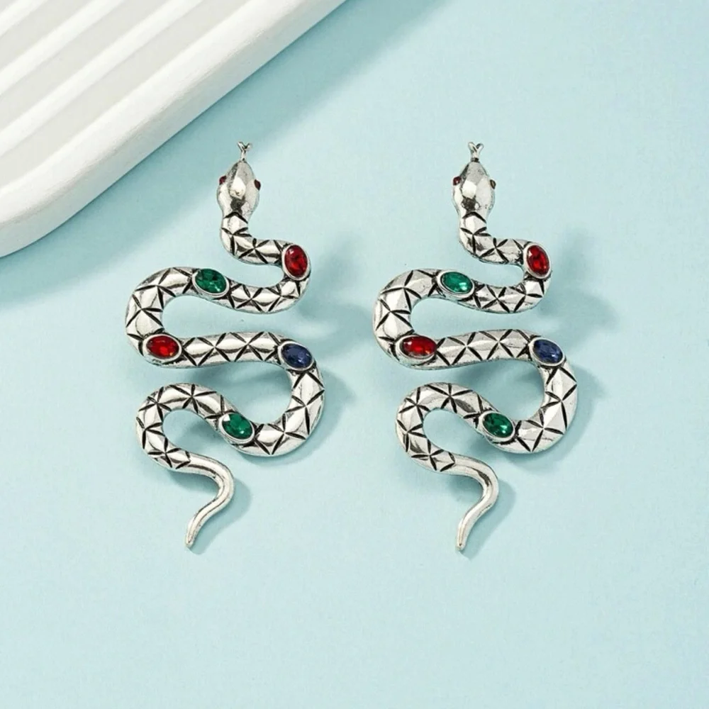 π Awesome Large Metallic Jeweled Serpent Snake Stud Earrings π - Picture 2 of 4